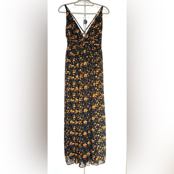 Lulu’s Maxi Dress Strappy Flowy Cottage Prairie Navy Gold Green Floral Size M - Picture 7 of 13